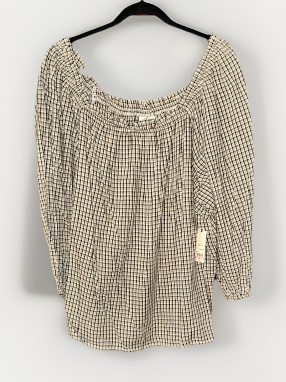 St Johns‎ Bay Womens 2X Black Tan Checkered Off Shoulder Long Sleeve Blouse NWT